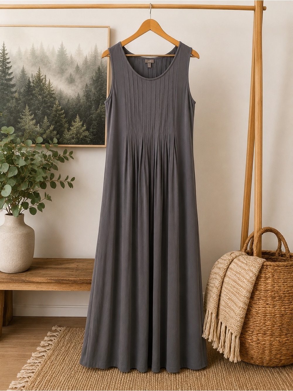 J.Jill Maxi Dress L Gray Sleeveless Pleated